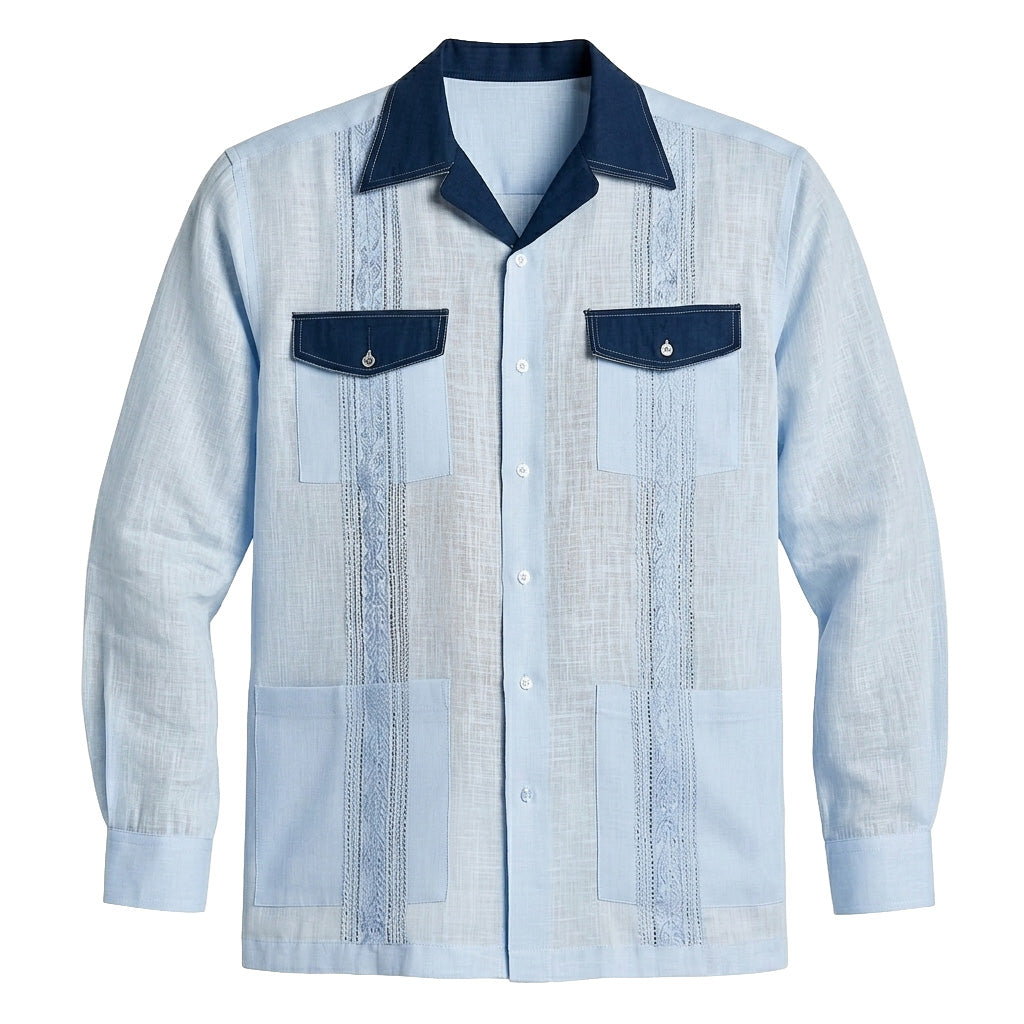 Long Sleeve Two-Tone Linen Guayabera Shirt