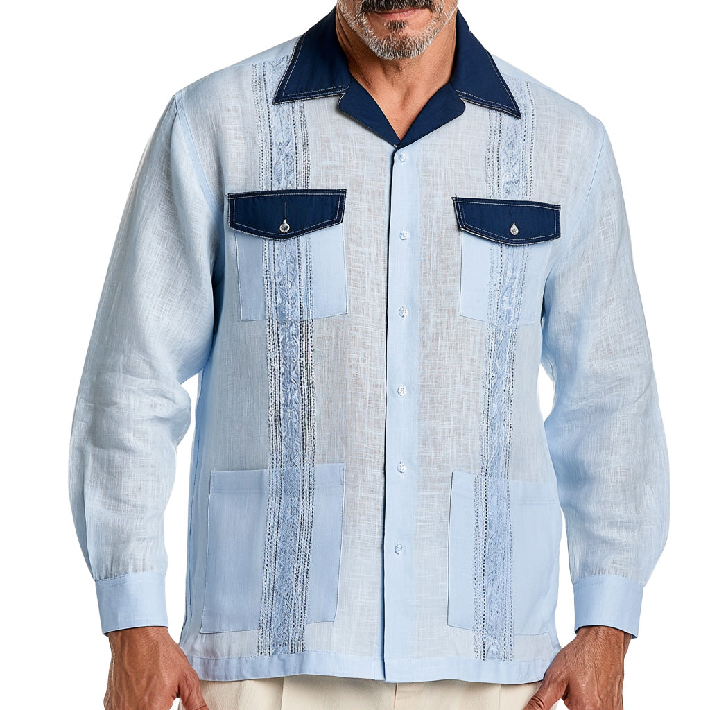 Long Sleeve Two-Tone Linen Guayabera Shirt