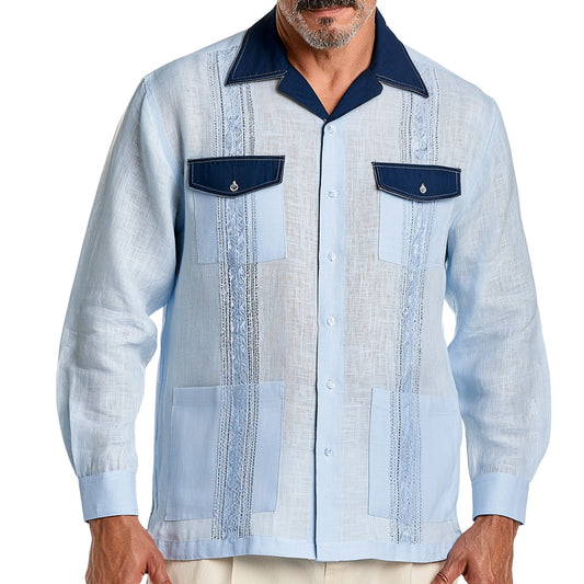 Long Sleeve Two-Tone Linen Guayabera Shirt