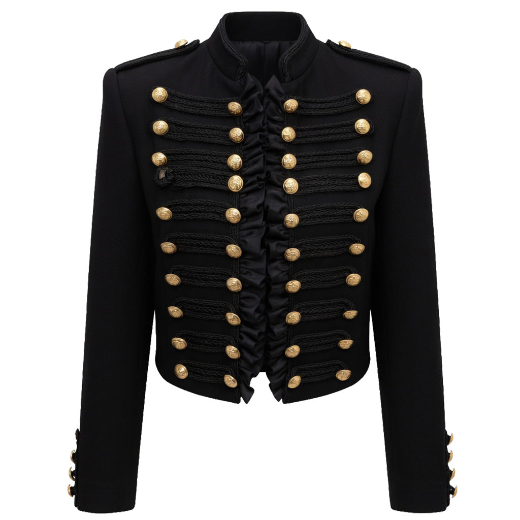 Black Cropped Napoleon Jacket for Women – Military Style Blazer with Gold Buttons & Ruffled Front
