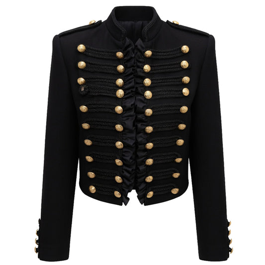 Black Cropped Napoleon Jacket for Women – Military Style Blazer with Gold Buttons & Ruffled Front