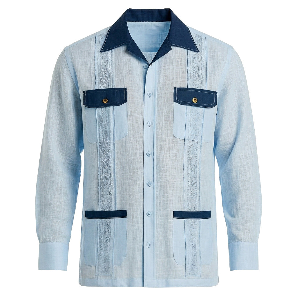 Long Sleeve Two-Tone Linen Guayabera Shirt