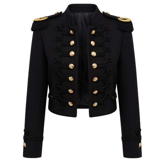 Women's Black Cropped Military Jacket with Gold Epaulets and Fringe - Napoleon Style Blazer with Braided Trim